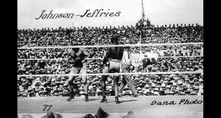 Photo of the heavyweight championship fight between Jack Johnson and Jim Jeffries.